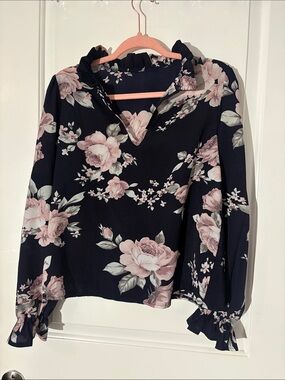 Women’s Navy Blue Floral Long-Sleeve Blouse with Ruffle Neck